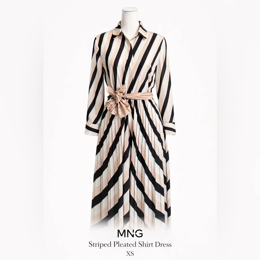 Mango Black and Cream Striped Long Sleeve Dress